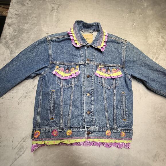 Levi Strauss Signature Jacket Womens Large? Blue Denim Trucker Ruffle Applique - Picture 2 of 7